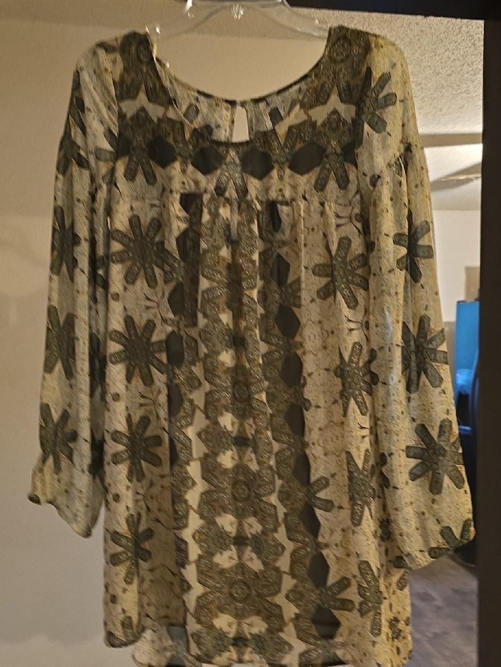 Anthropologie Boho Dress with Olive Geometric Floral Print